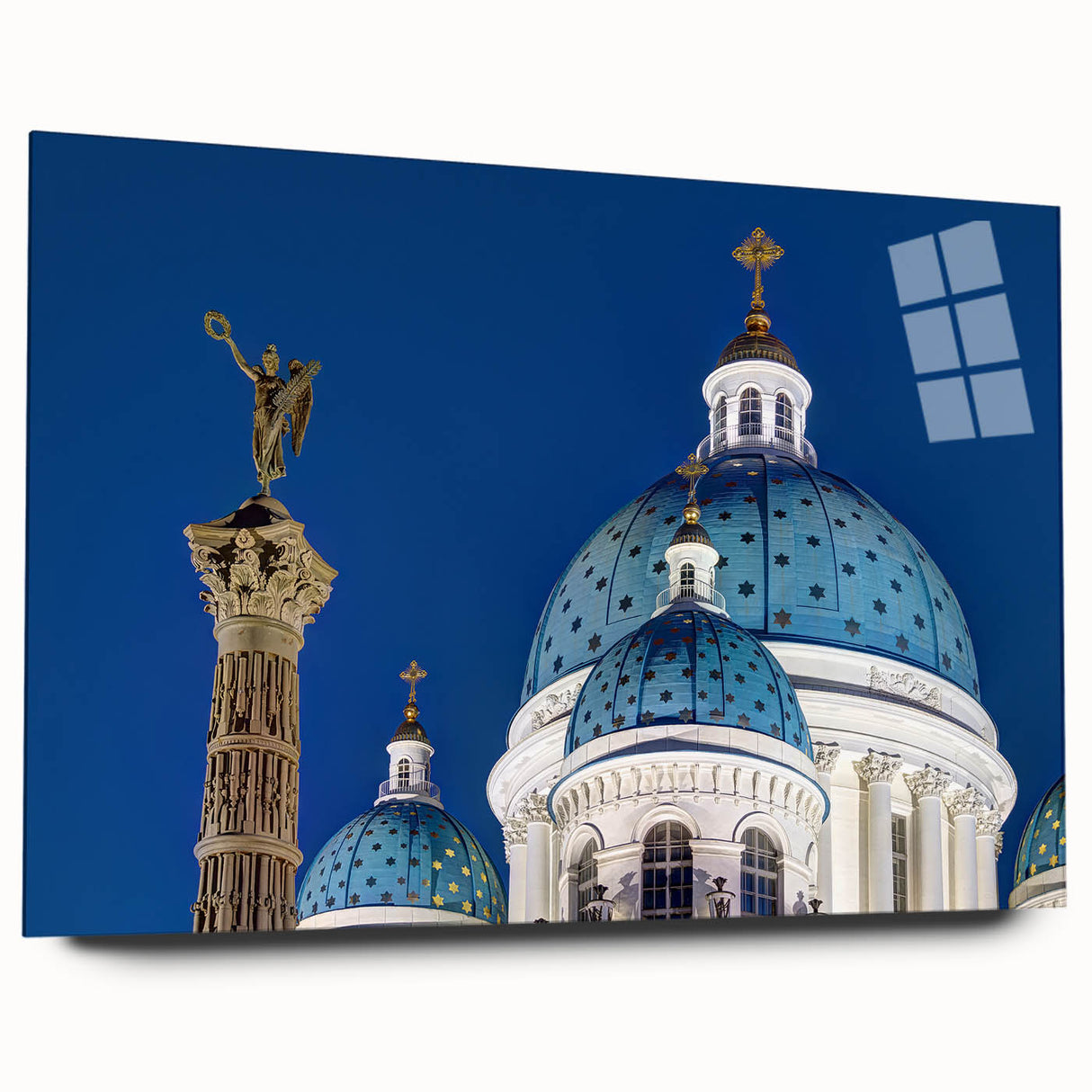 Large abstract wall art featuring a cathedral design in muted gray tones on acrylic glass.