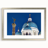 Abstract art print of a cathedral in muted gray and blue tones, framed with a silver mat, suitable for dining room decor.