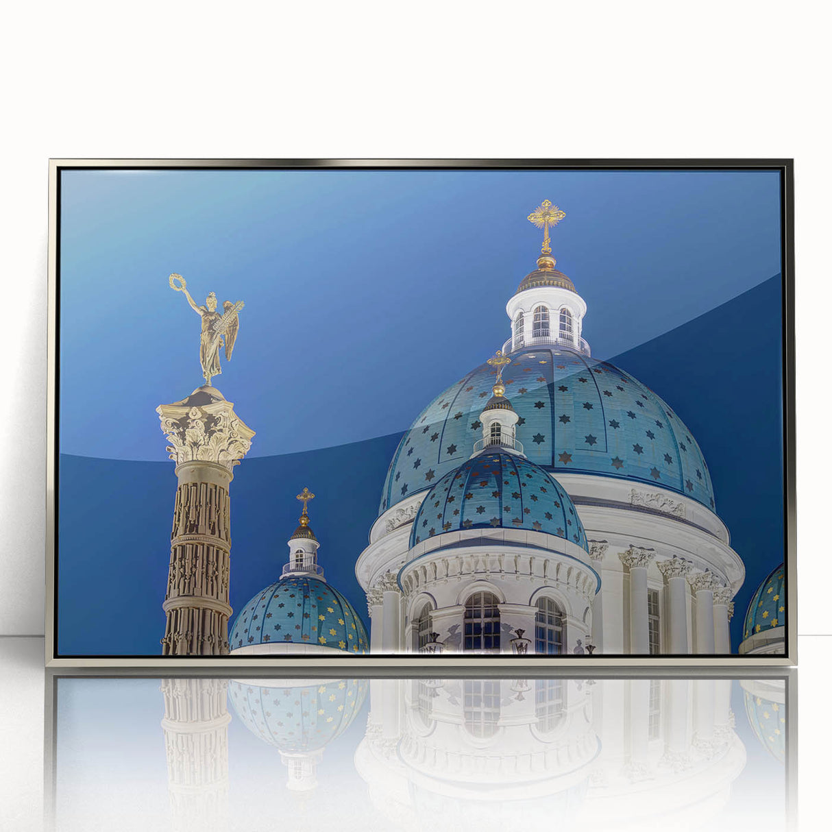 Art deco poster of a cathedral design in silver frame, ideal for modern art wall decor in a nursery.