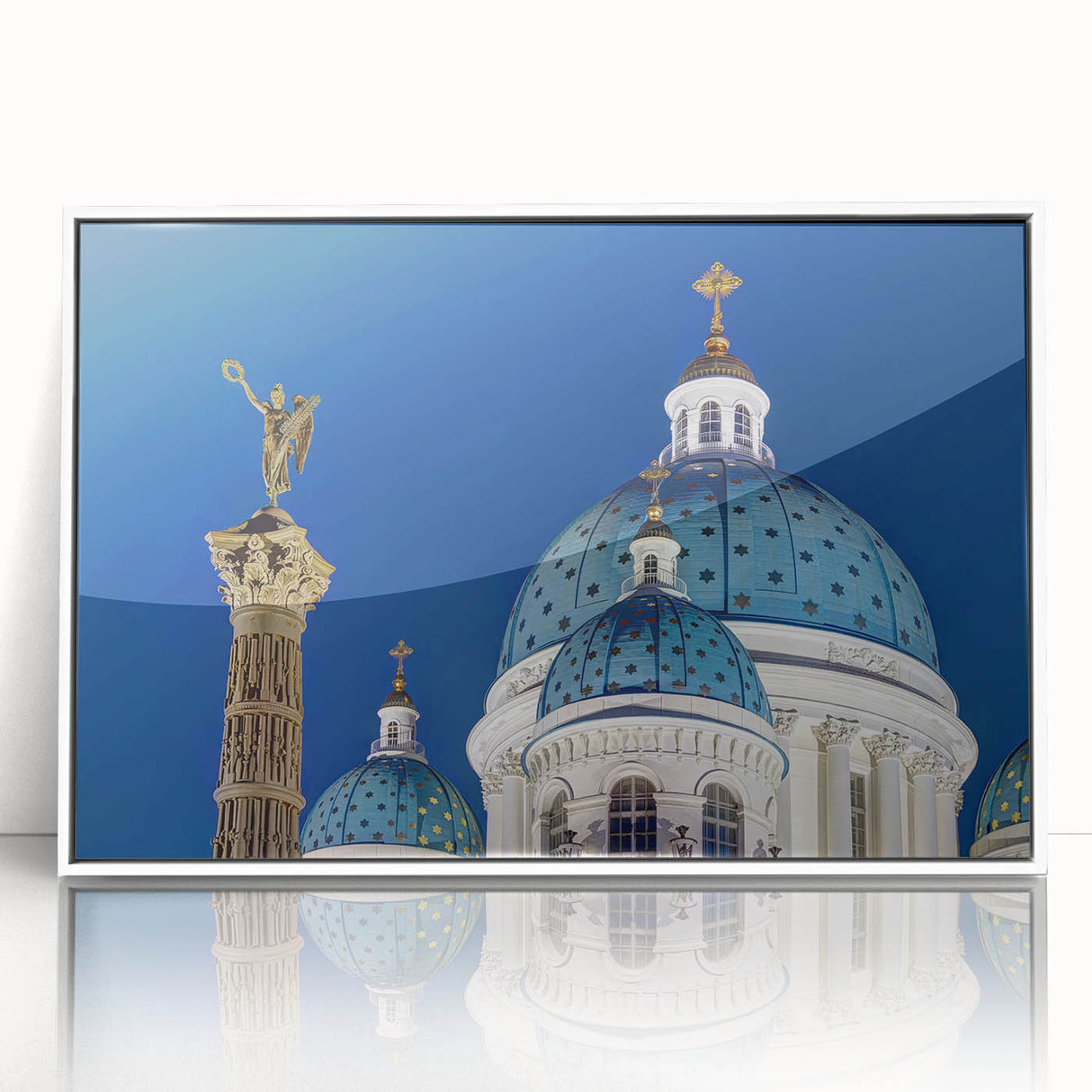 Mid-century modernist cathedral design in muted gray tones on a large framed acrylic print, suitable for nursery wall decor.