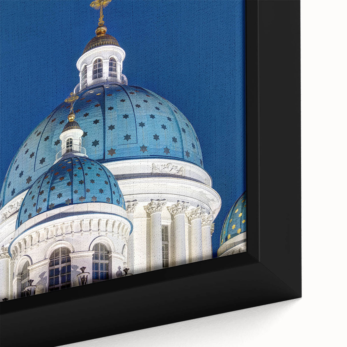 Extra large black wall art of a cathedral, featuring colorful, textured details on a framed canvas.