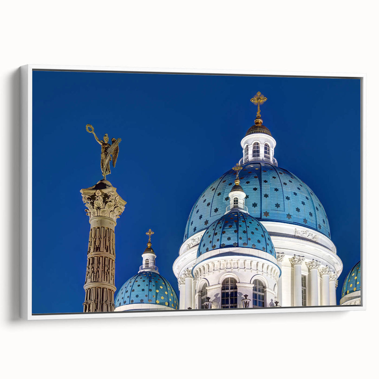 Framed canvas featuring a vintage poster of a black and white cathedral landscape, suitable for bedroom wall art.
