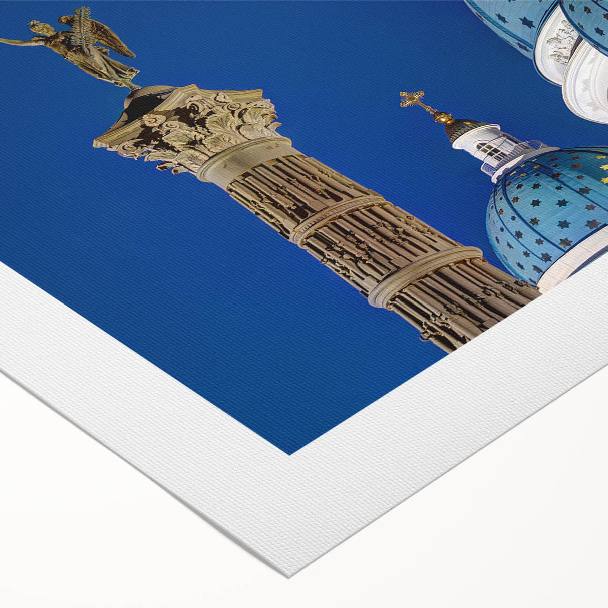Art Deco poster of a cathedral design in muted gold and navy, printed on rolled canvas, suitable for dining room wall art.