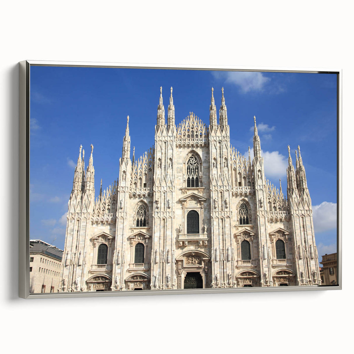 Vintage poster art of a cathedral, in muted black and colorful accents on a framed canvas, ideal for living room decor.