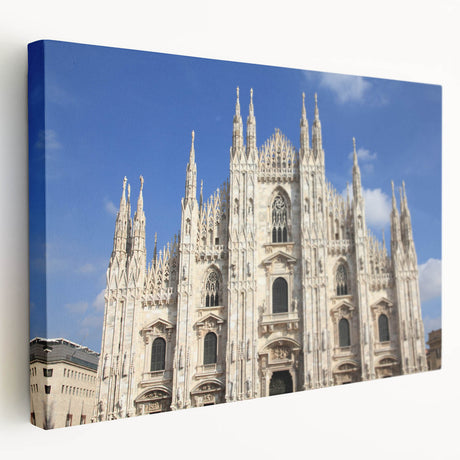 Large cathedral design on stretched canvas with detailed gothic architecture, suitable for kitchen wall art.