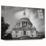 Acrylic print of a large abstract cathedral design in muted gray and blue tones, suitable for bedroom or dining room art.