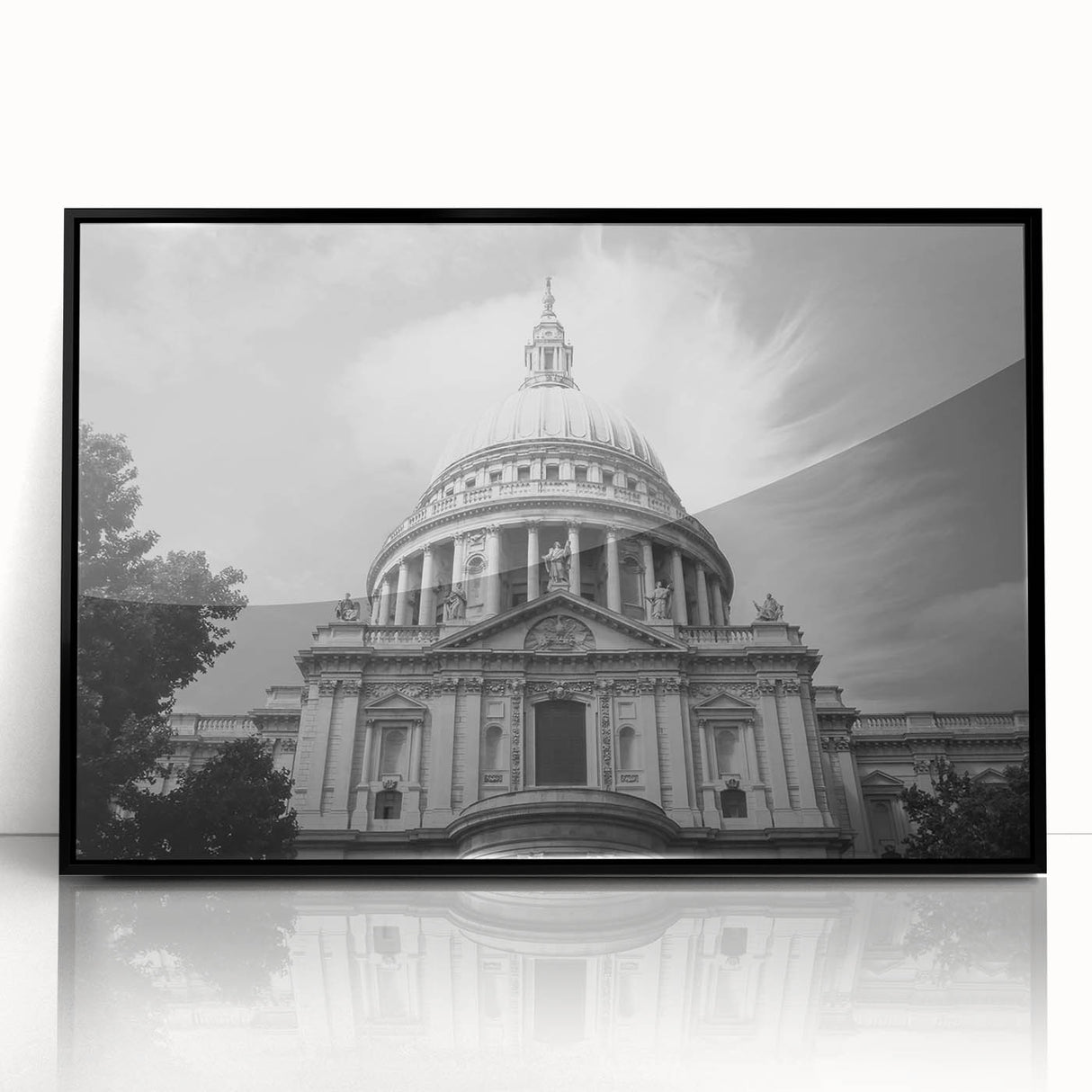 Large abstract wall art featuring a mid-century modernist cathedral design in black and white tones, framed acrylic.