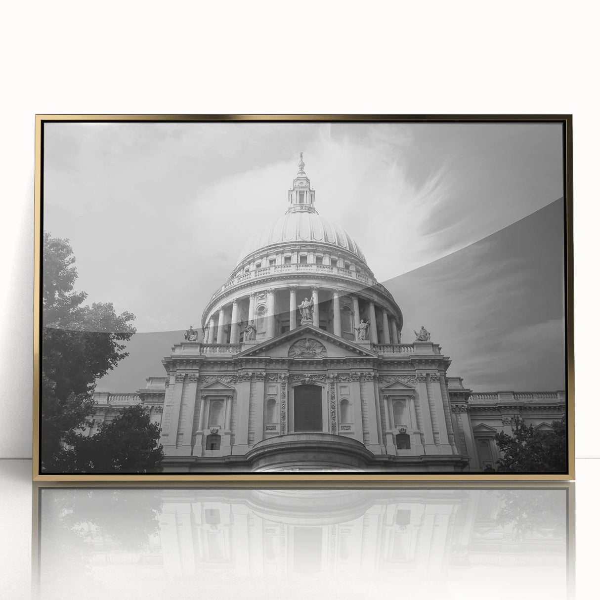 Mid-century modernist cathedral design in gold and black tones on a framed acrylic, ideal for nursery wall art.
