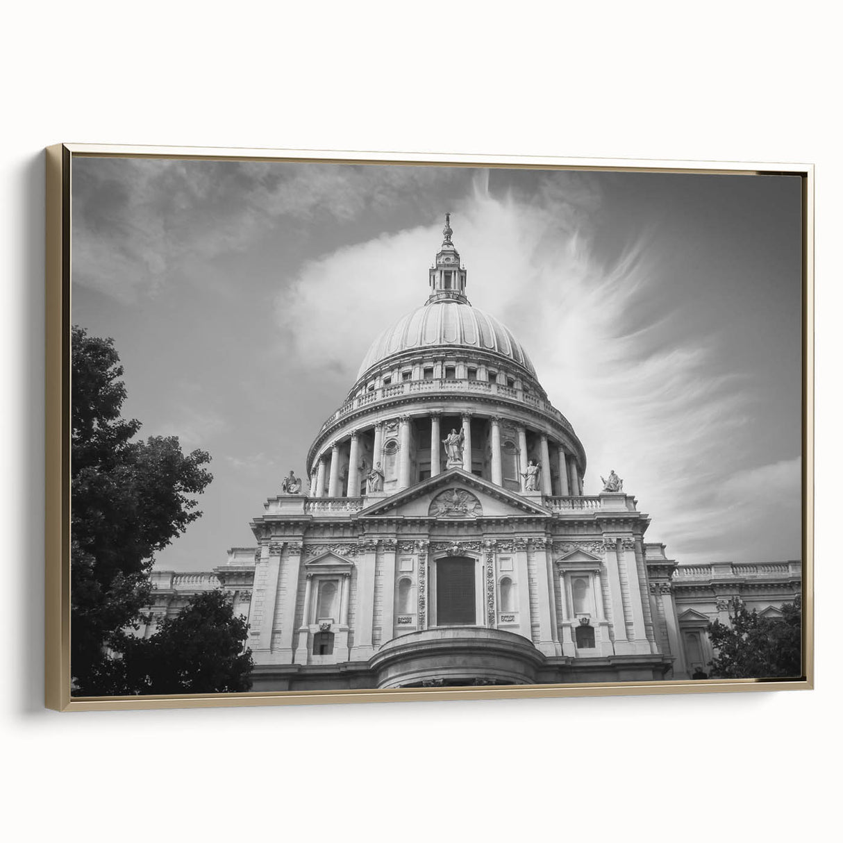 Landscape art painting of a cathedral, rendered in colorful palette on gold-framed canvas, ideal for living room decor.