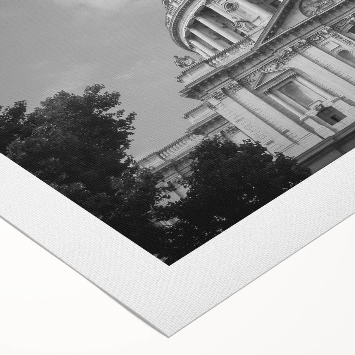 Art deco poster of a cathedral, in muted gray and blue tones, printed on rolled canvas, ideal for dining room wall art.