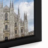 Extra large black wall art of a cathedral design with colorful, textured detailing on a framed canvas.