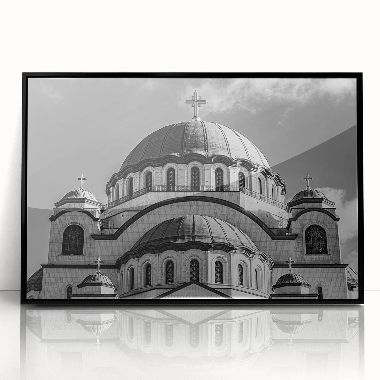 Large abstract wall art featuring a mid-century modernist cathedral design in black and white tones, acrylic framed.