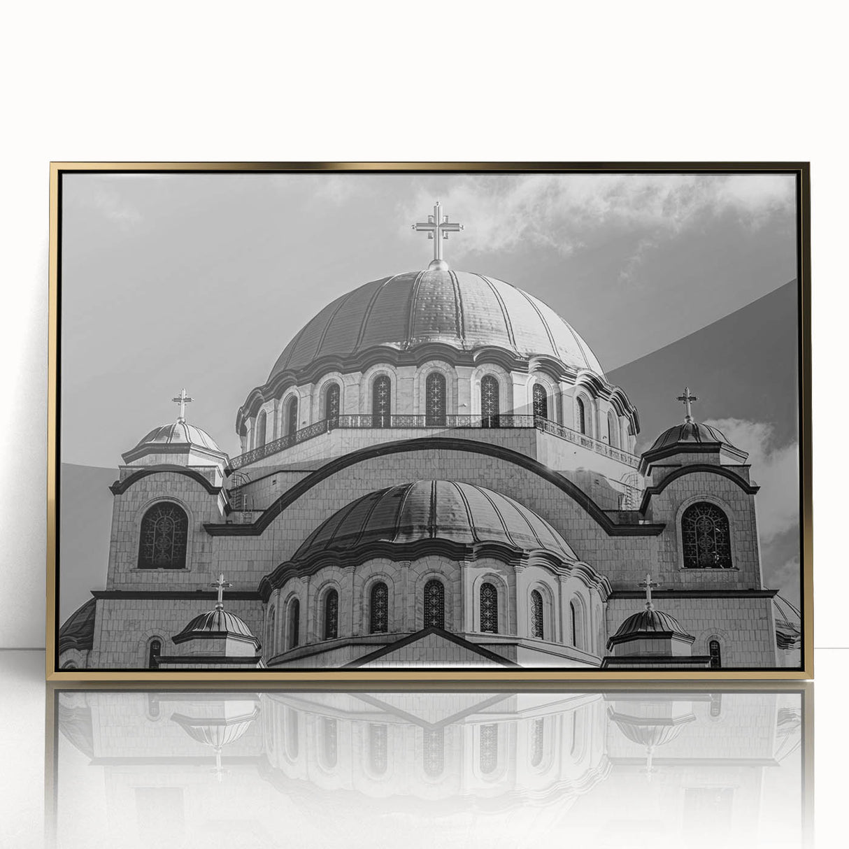 Mid-century modernist art of a cathedral in muted gold and white tones on a framed acrylic, suitable for nursery wall art.