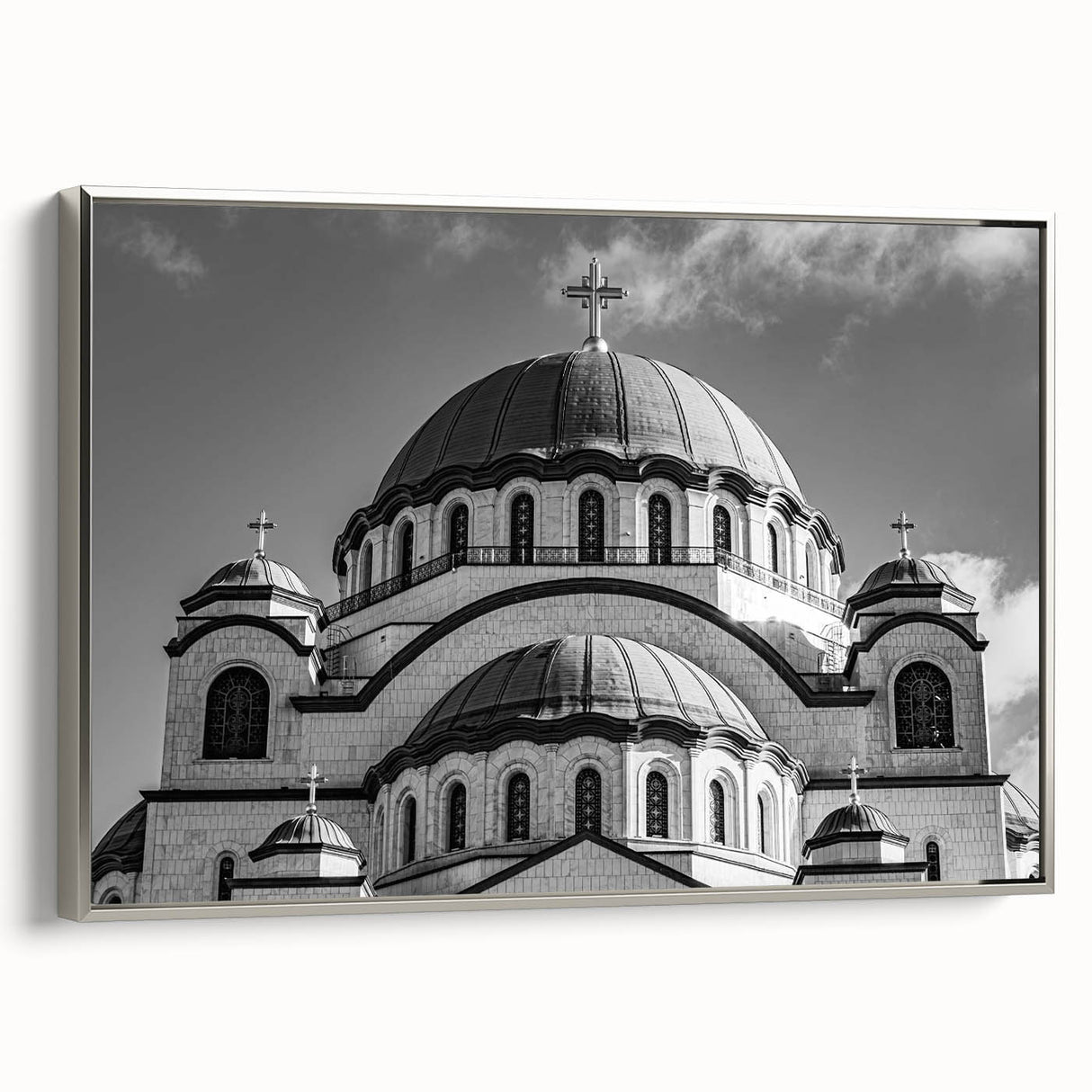 Vintage poster art of a cathedral in colorful hues on a black background, framed canvas, ideal for living room decor.