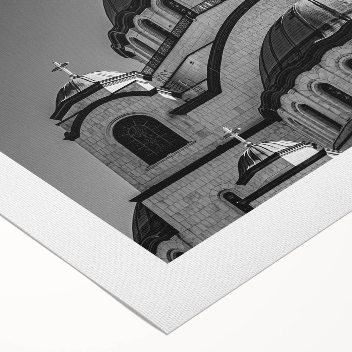 Art deco poster of a cathedral design in muted beige and brown tones on rolled canvas, suitable for dining room décor.