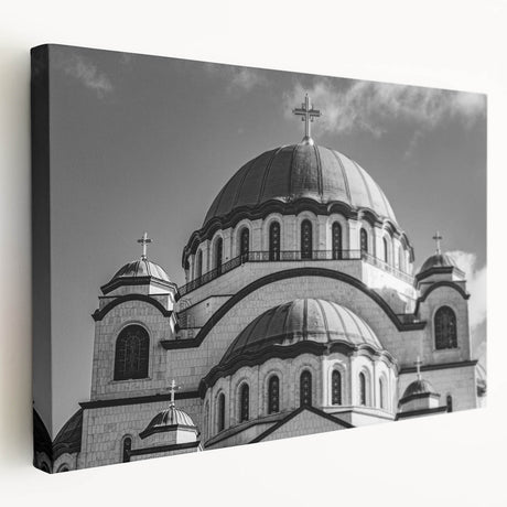 Large canvas print featuring a detailed illustration of a cathedral, using muted earth tones, ideal for kitchen wall art.