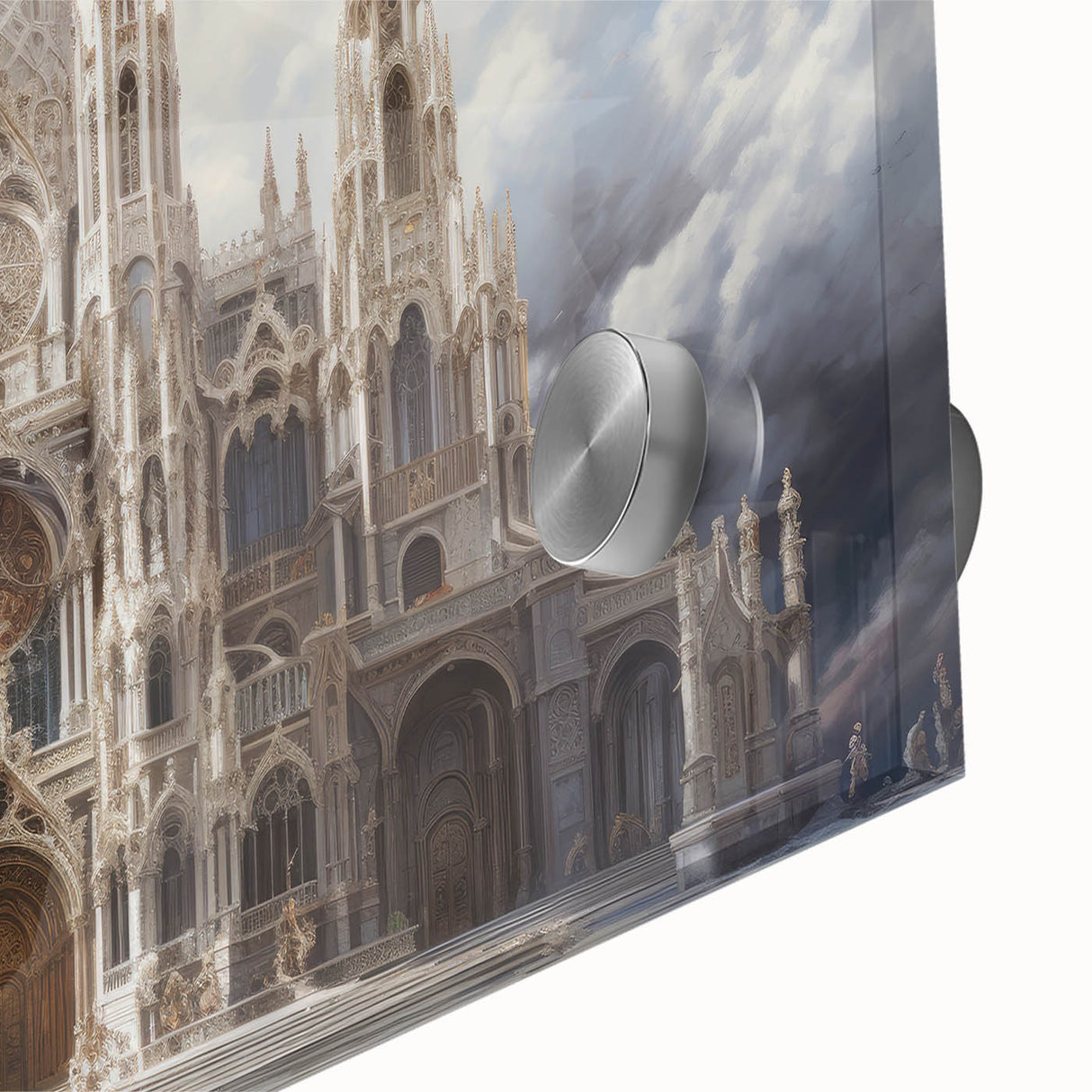 Large abstract wall art of a cathedral design in muted gray and blue tones on acrylic glass, ideal for dining room art.