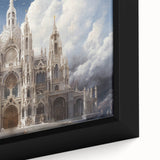Extra large black wall art featuring a textured, colorful cathedral design on a framed canvas.