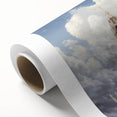 Art Deco poster of a cathedral on rolled canvas in muted gray tones, ideal for nursery wall art or dining room decor.