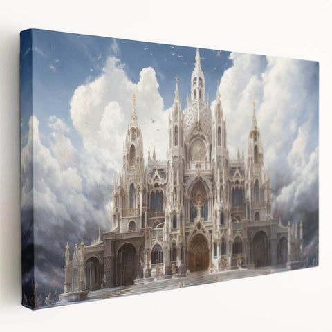 Large canvas print of a cathedral design in muted stone colors, suitable for kitchen wall art.
