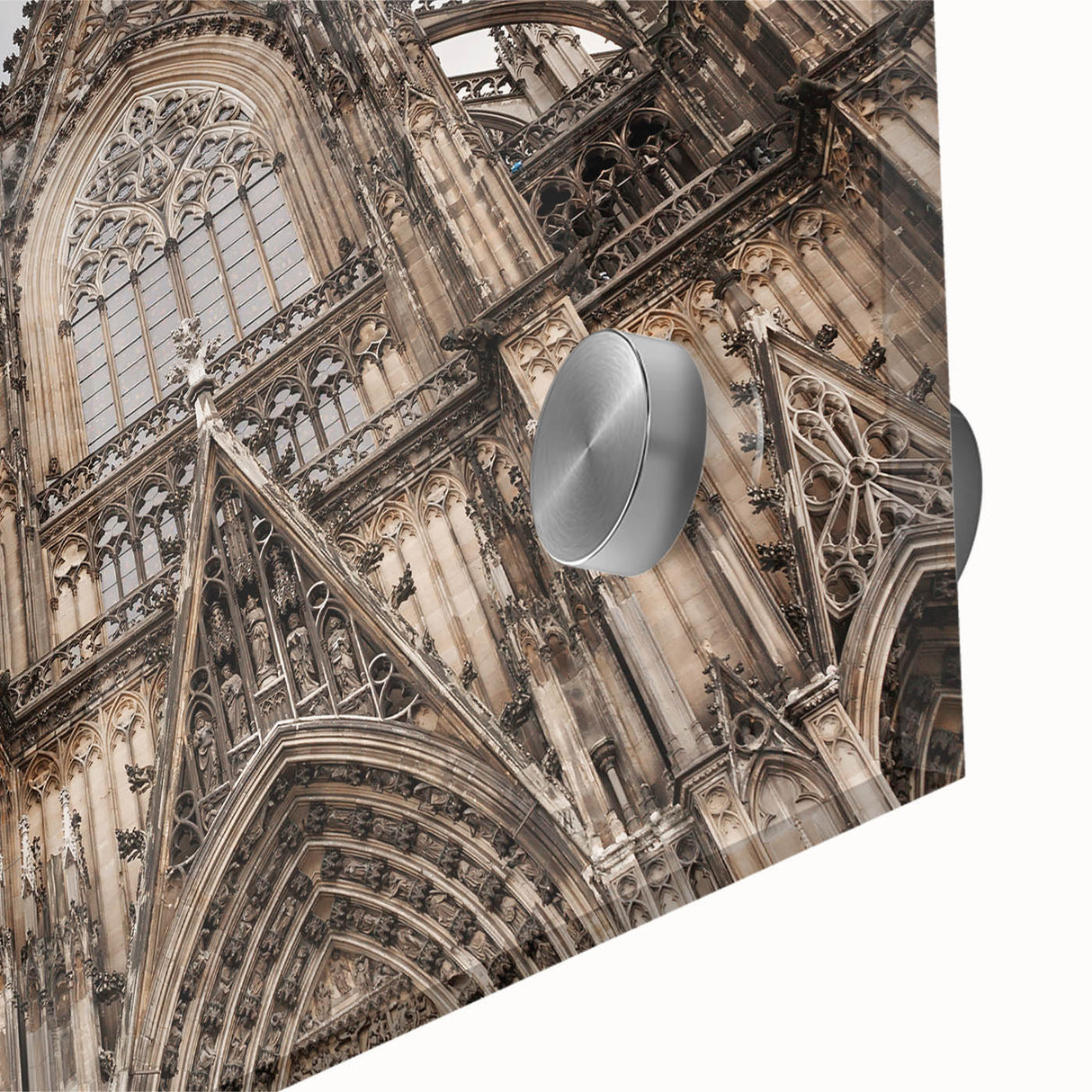 Mid-century modernist cathedral design in muted gray and blue tones on acrylic glass, ideal for dining room art.