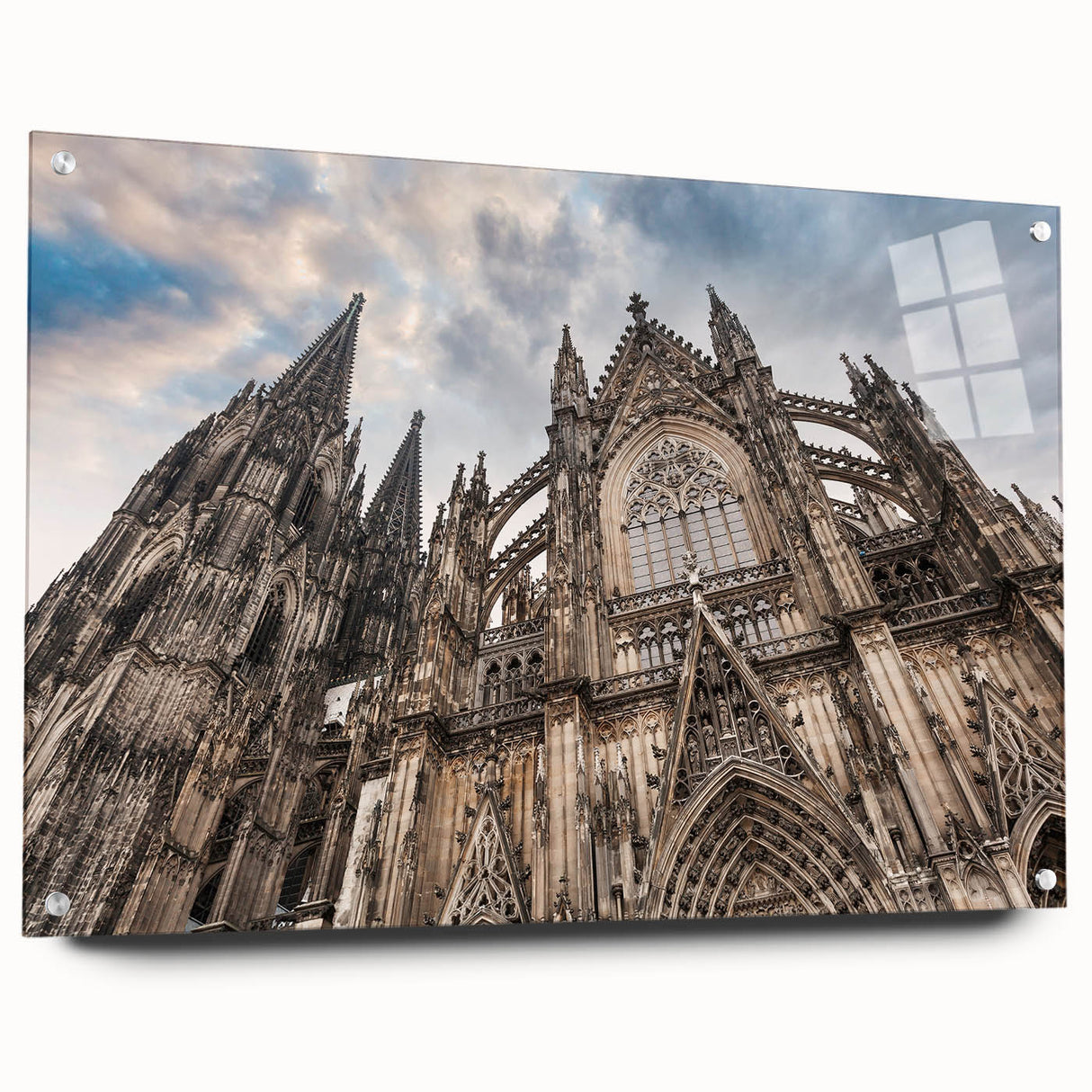 Acrylic print of a large abstract depiction of a cathedral in muted gray and blue tones, ideal for dining room decor.