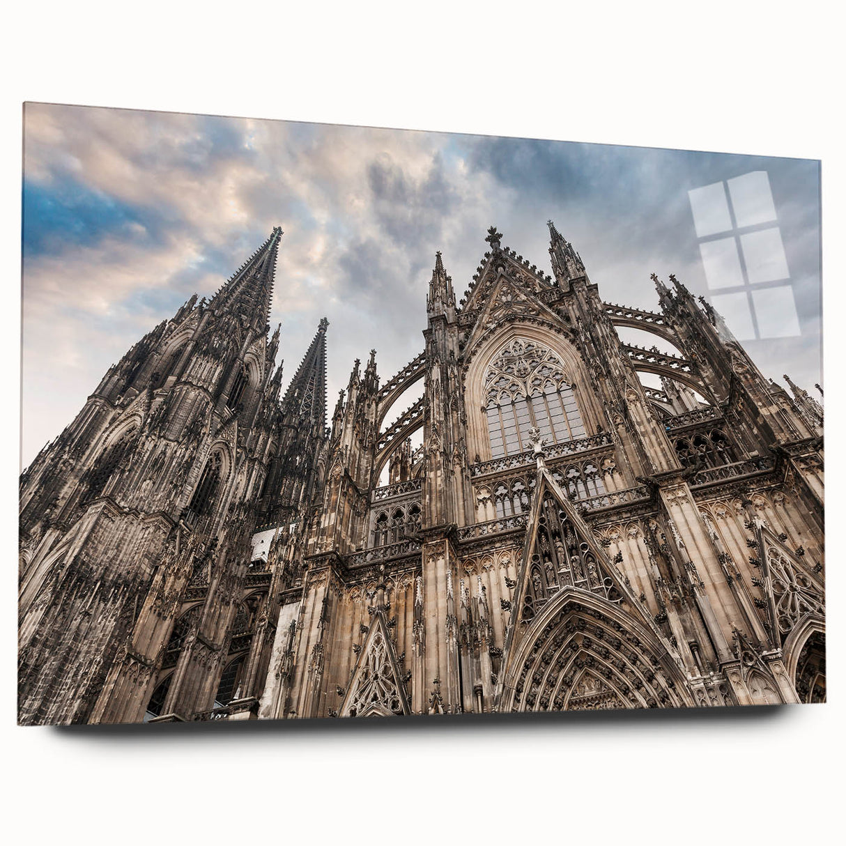 Acrylic print of a large abstract cathedral design in cool blue and gray tones, suitable for bedroom or dining room art.