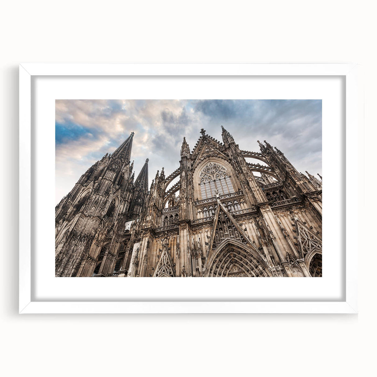 Extra large abstract art print of a cathedral, featuring textured design in muted earth tones, framed with a white mat.