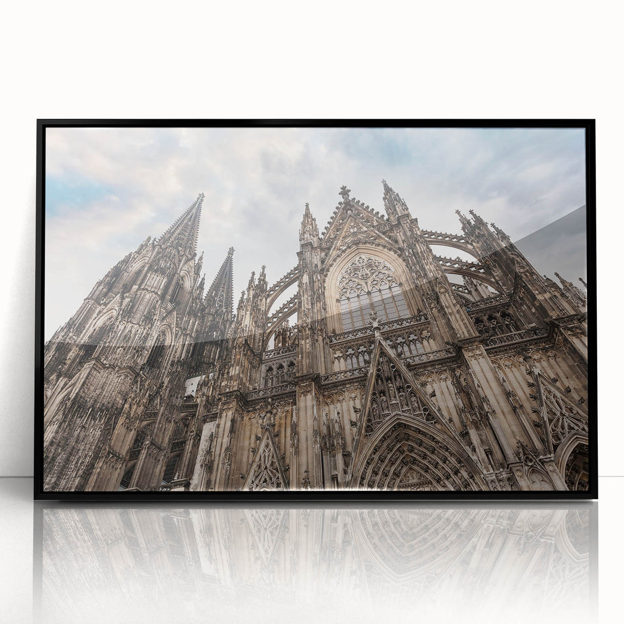 Large abstract wall art featuring a mid-century modernist cathedral design in black and white tones, framed in acrylic.