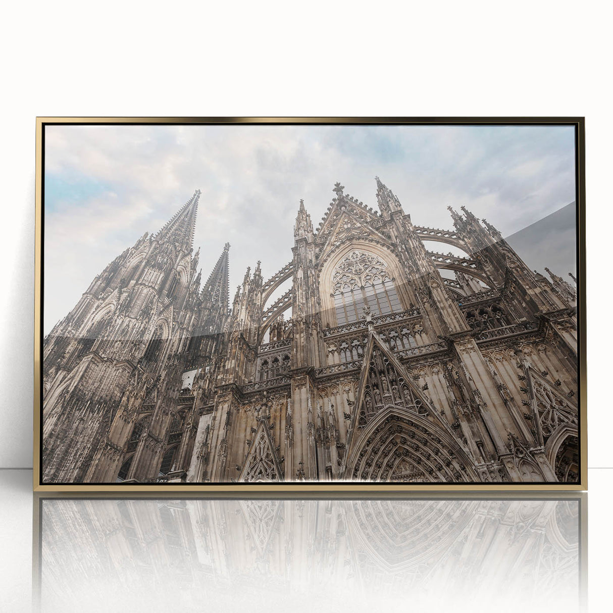 Mid-century modernist acrylic print of a cathedral in gold and black tones, ideal for nursery wall art.