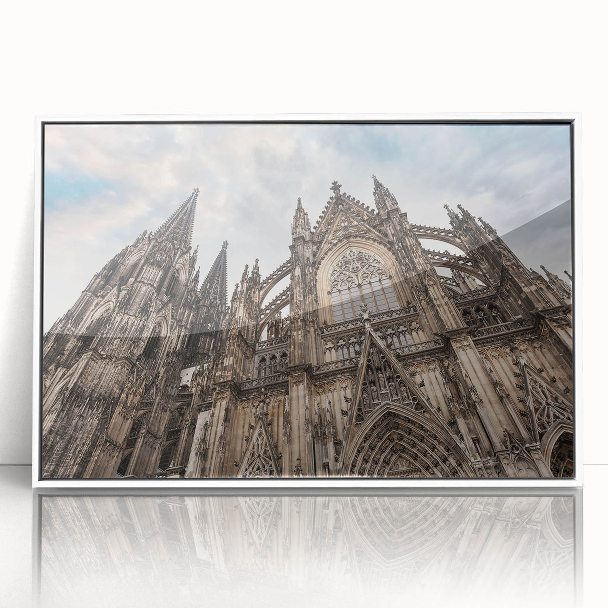 Mid-century modernist cathedral design in muted colors on a large acrylic print, suitable for modern art wall decor.