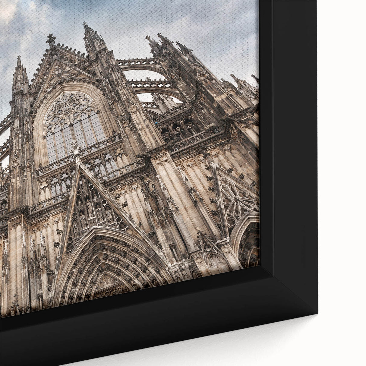 Black wall art depicting a cathedral with colorful, textured details on a framed canvas, ideal for living room decor.