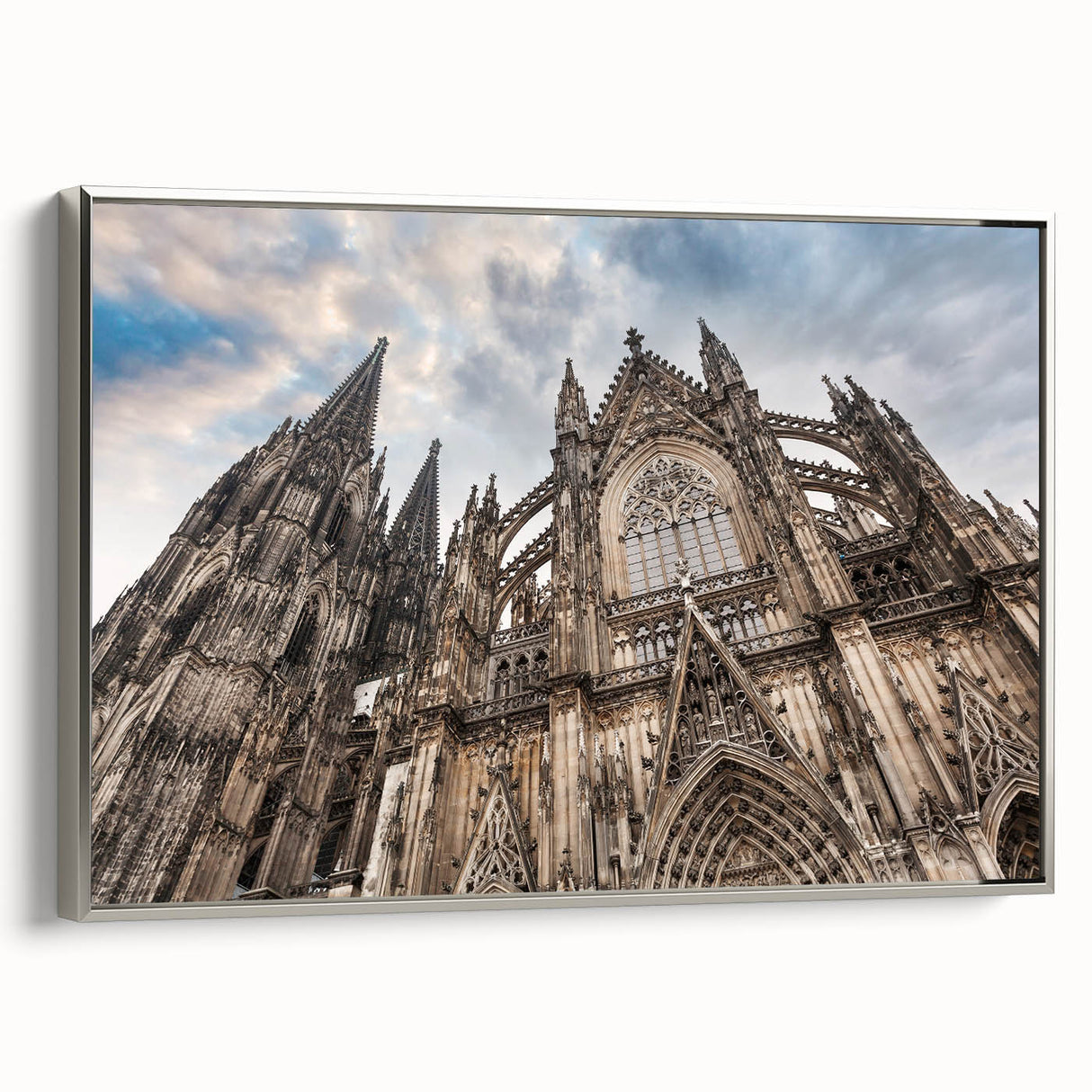 Vintage poster art of a cathedral design on framed canvas, featuring black and colorful art elements.