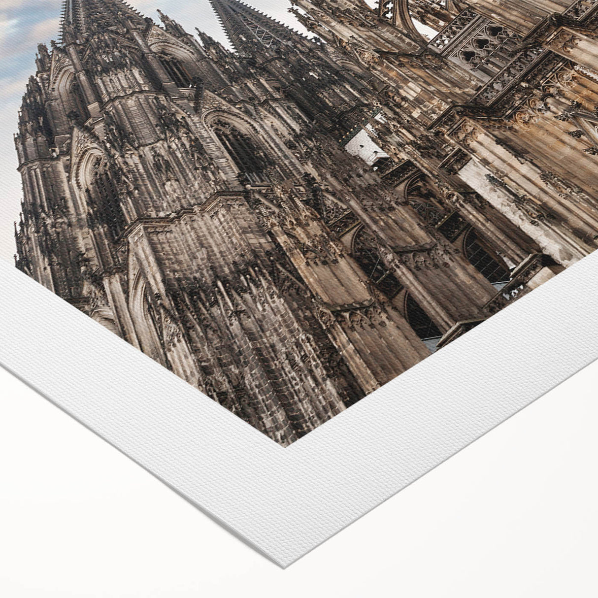 Art Deco poster of a cathedral, featuring geometric shapes in subdued colors, ideal for dining room wall art.