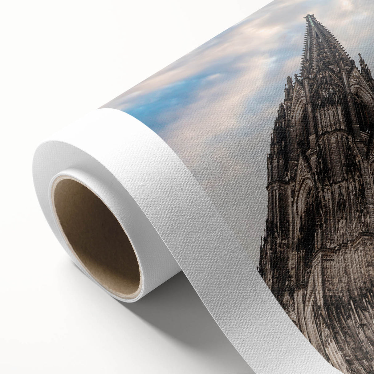 Art Deco style cathedral design on rolled canvas, featuring muted gold and blue tones, ideal for nursery wall art.