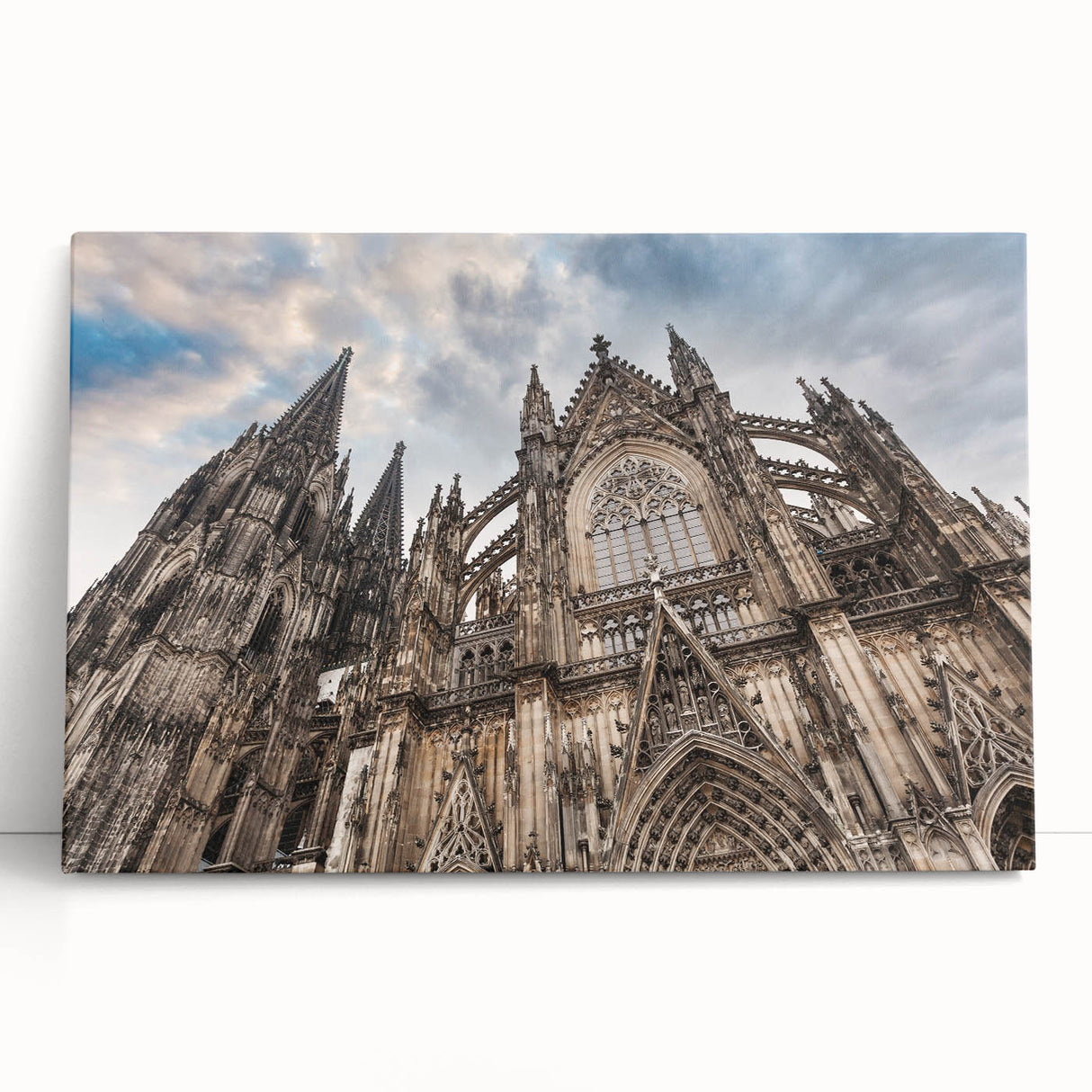 Black and white cathedral design on stretched canvas, suitable for kitchen wall art or bedroom ambiance.
