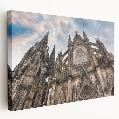 Side view of a large canvas depicting a cathedral design in muted earth tones, ideal for kitchen wall art.