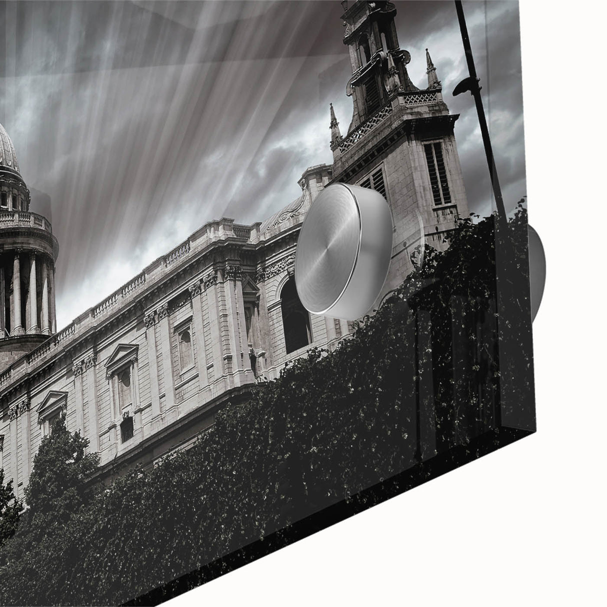 Large abstract wall art on acrylic glass featuring a mid-century modernist cathedral design in muted tones.
