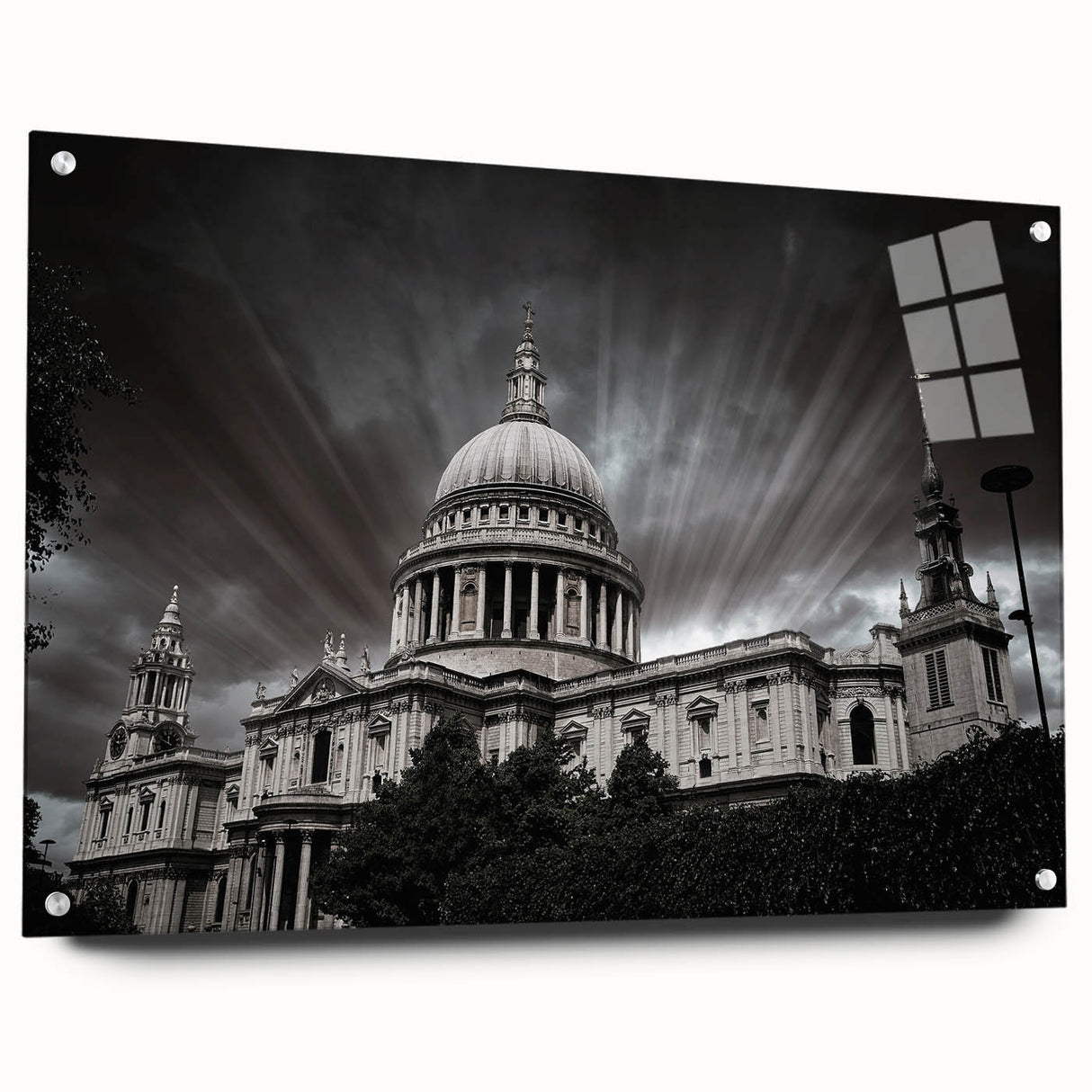 Acrylic print of a large abstract depiction of a cathedral, featuring muted earth tones, ideal for dining room decor.