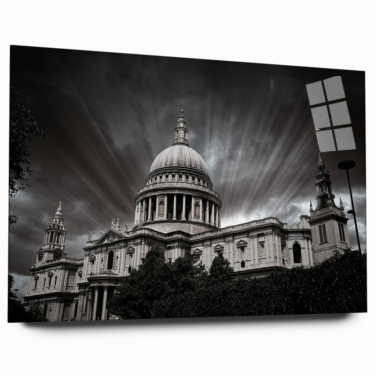 Large abstract wall art of a cathedral design in muted gray tones on acrylic glass.