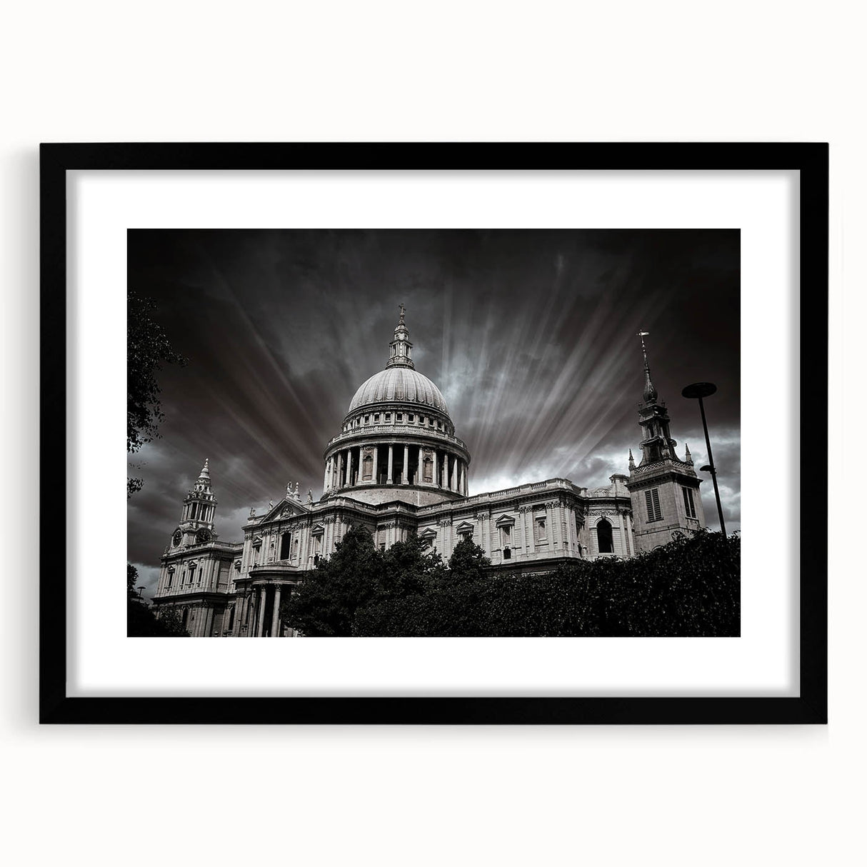 Extra large abstract art print of a colorful cathedral, with textured details on a black framed canvas.