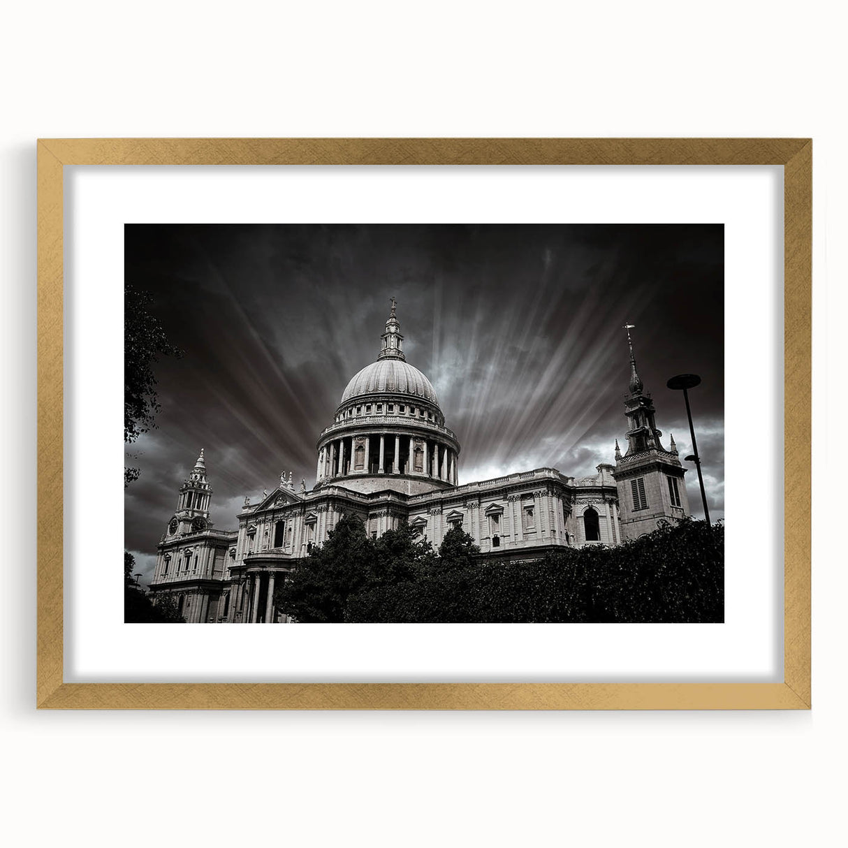 Textured abstract art print of a cathedral in muted gold and beige, framed with a mat, ideal for bedroom art.