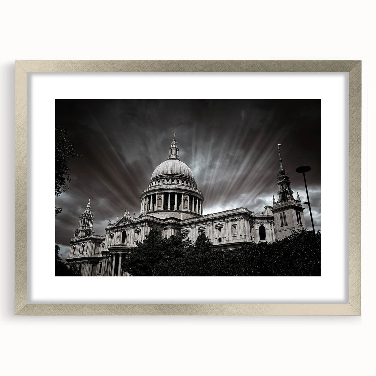 Abstract art print of a cathedral in muted gray and silver tones, framed with a silver mat.
