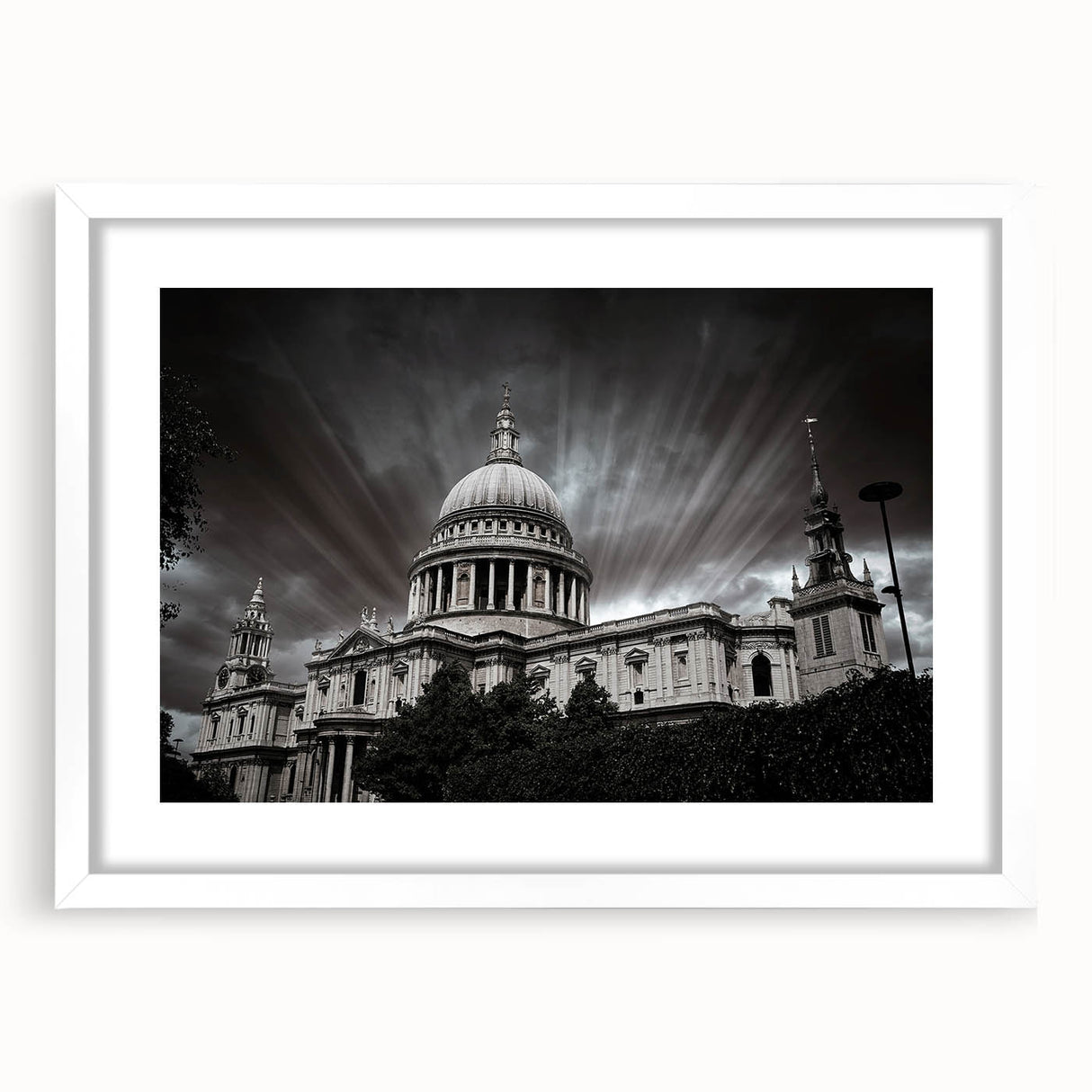 Extra large abstract art print of a cathedral, featuring textured design in muted gray tones, framed with a white mat.