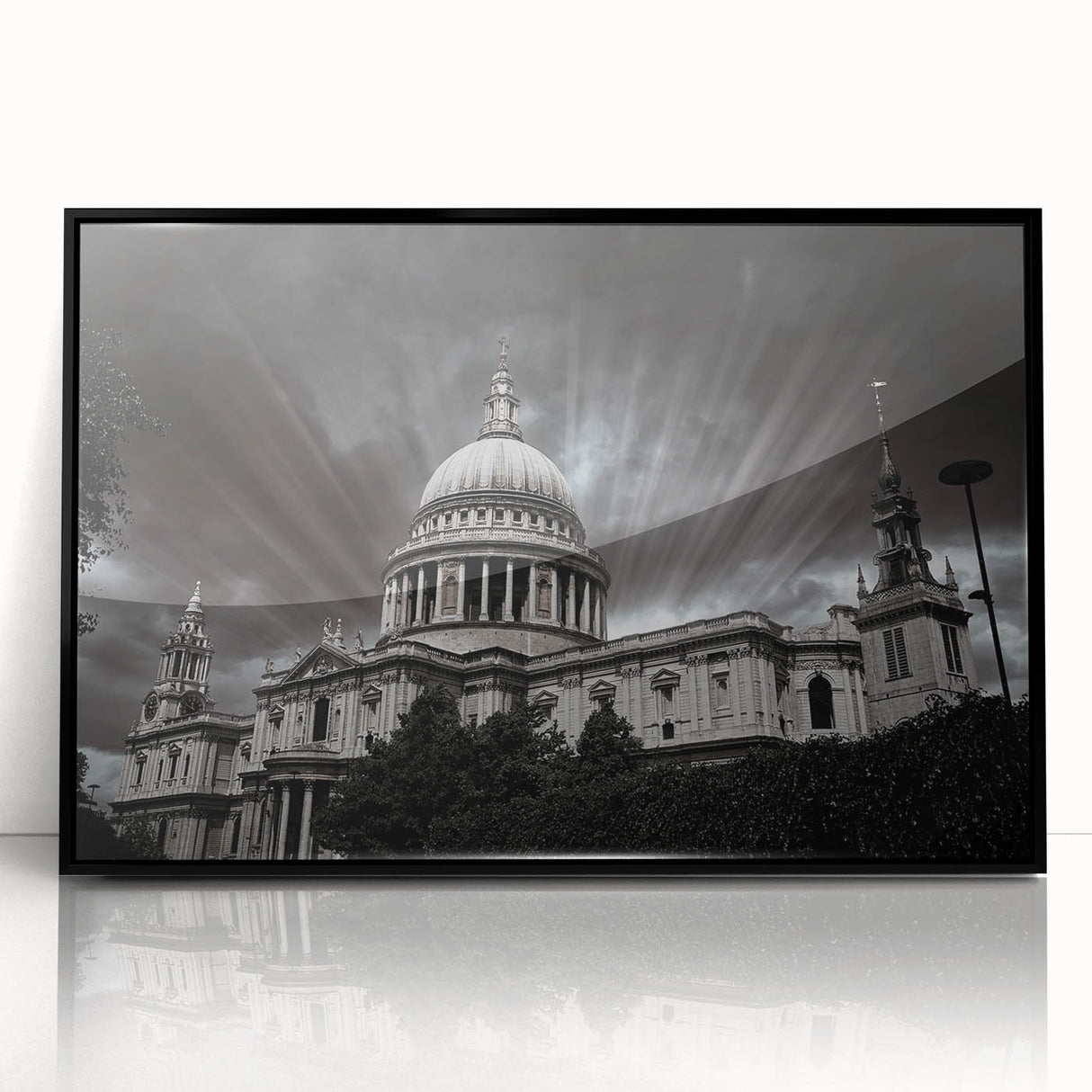 Large abstract wall art featuring a mid-century modernist cathedral design in black and white tones, framed in acrylic.