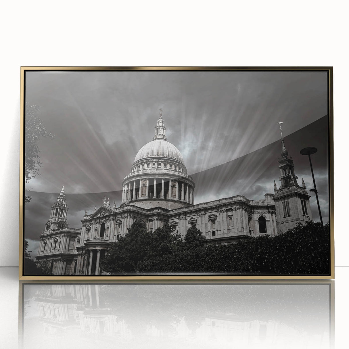 Mid-century modernist art of a cathedral in gold and ivory tones on a framed acrylic, ideal for nursery wall decor.