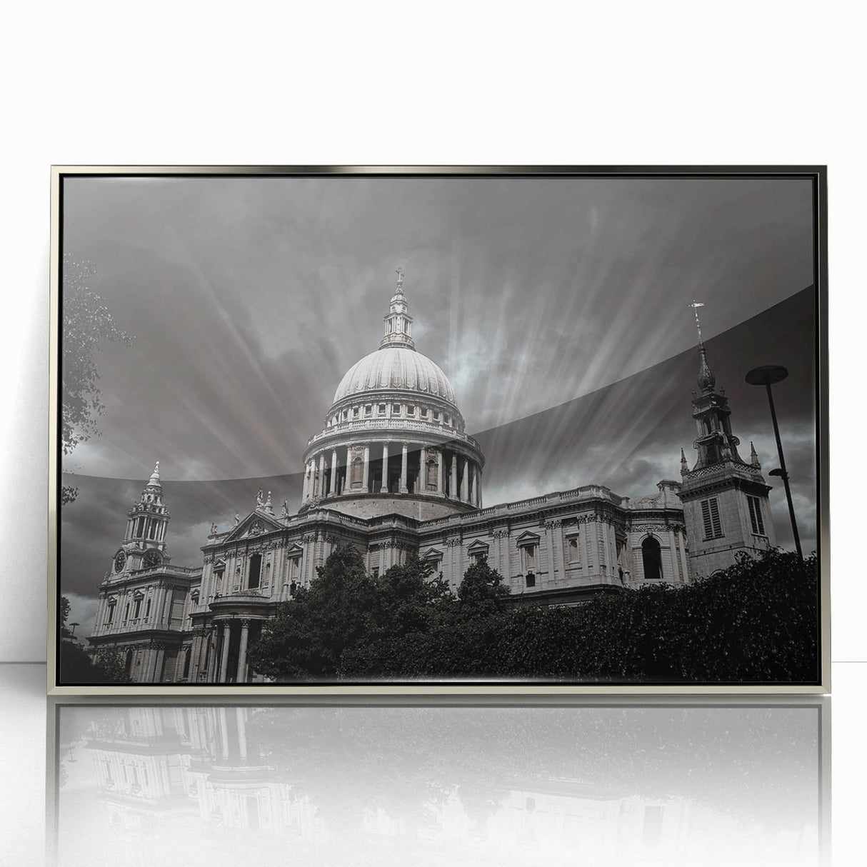 Art Deco style cathedral design on a silver-framed acrylic print, with cool gray and blue tones.