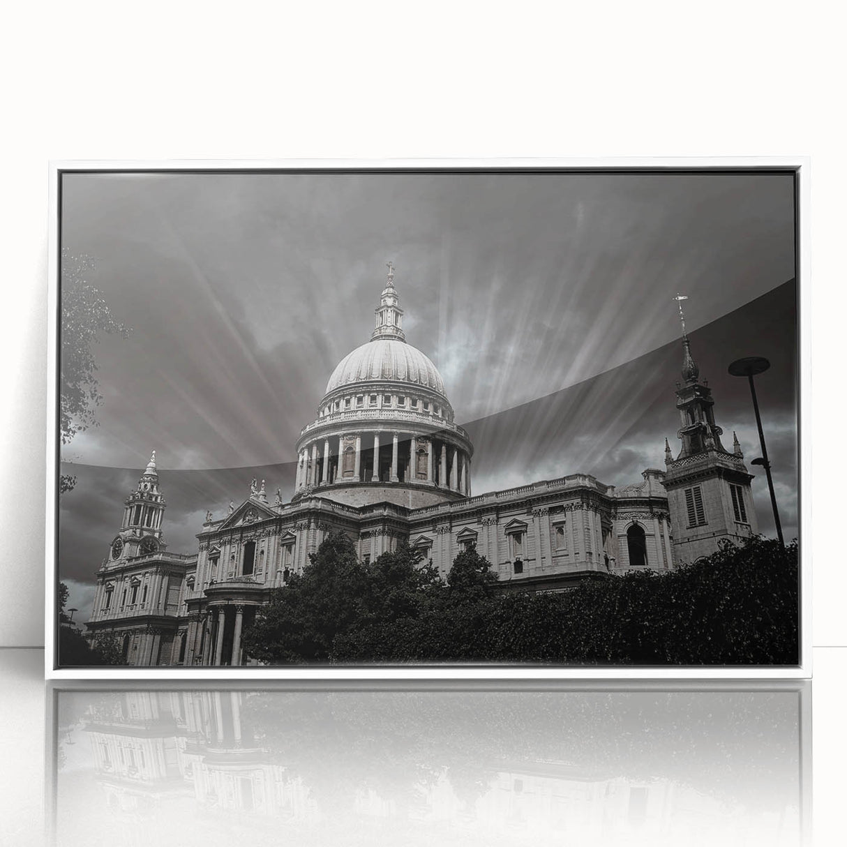 Mid-century modernist cathedral design on a large framed acrylic print, featuring muted gray and pastel blue tones.