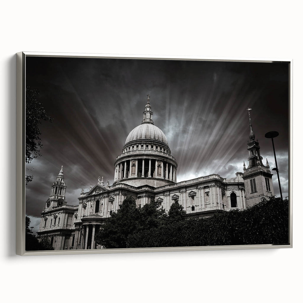 Vintage poster art of a cathedral, in black with colorful accents, framed canvas, ideal for living room decor.