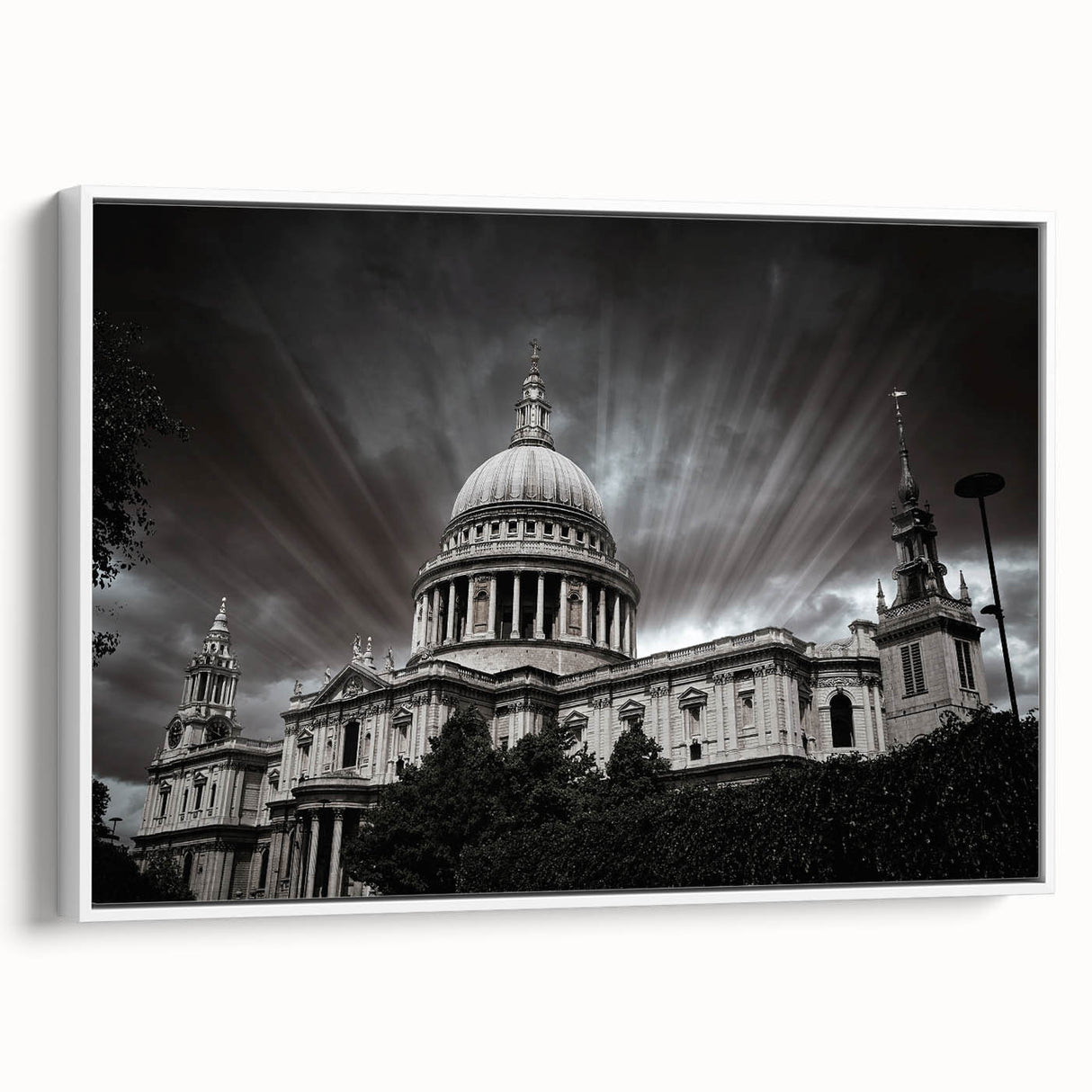 Framed canvas of a vintage-style cathedral landscape in black and white, ideal for bedroom wall art.